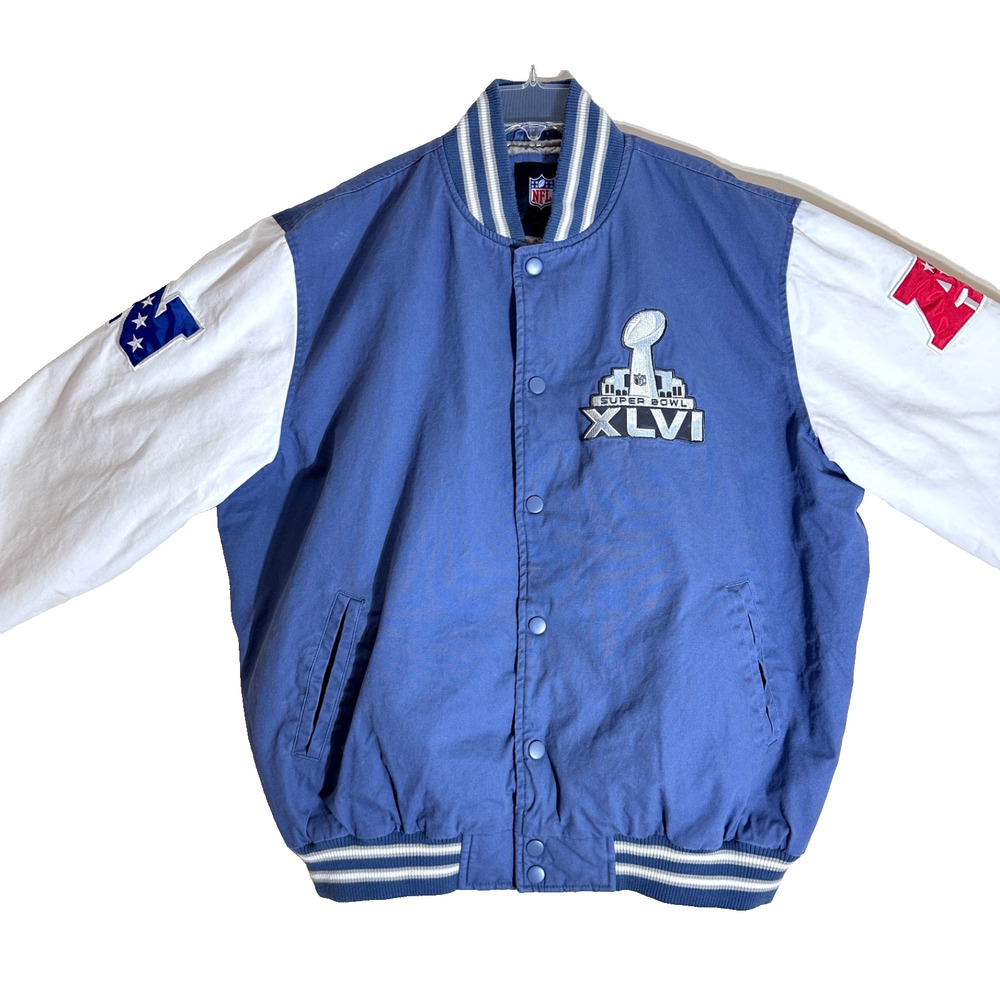 Rare Patriots Giants NFL Super Bowl XLVI Indianapolis 2012 Varsity Jacket Sz XL